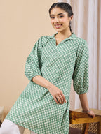 Janasya Green A-Line Cotton Tunic | Grocsy