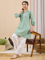 Janasya Green A-Line Cotton Tunic | Grocsy