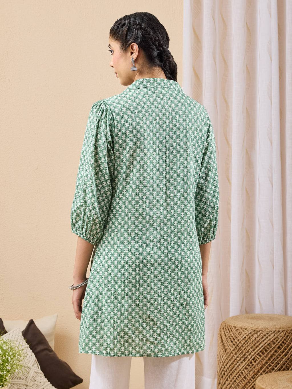 Janasya Green A-Line Cotton Tunic | Grocsy