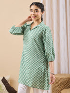 Janasya Green A-Line Cotton Tunic | Grocsy