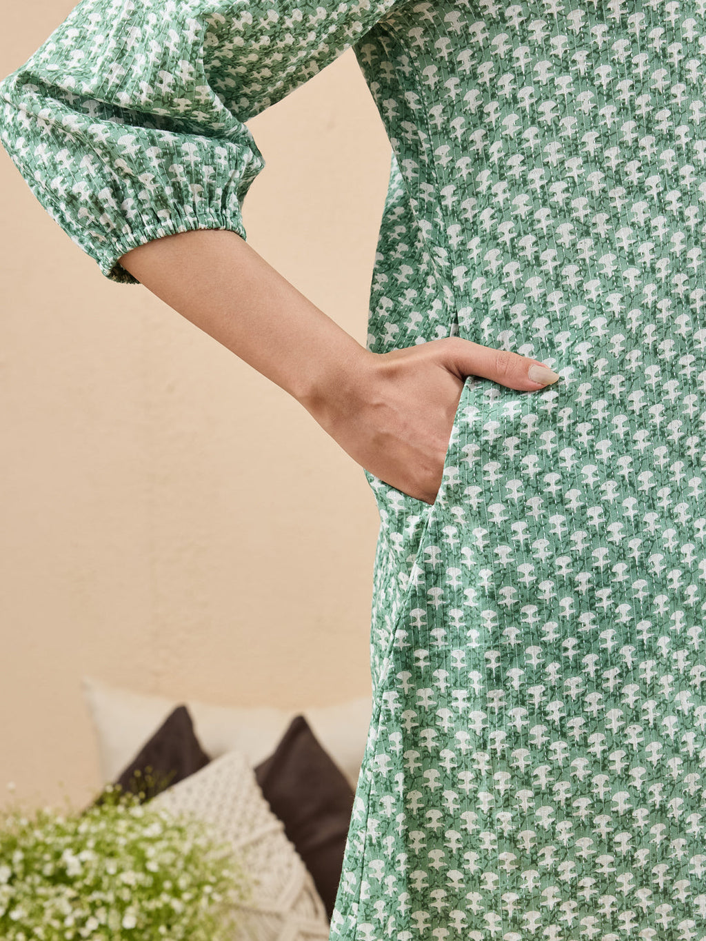 Janasya Green A-Line Cotton Tunic | Grocsy