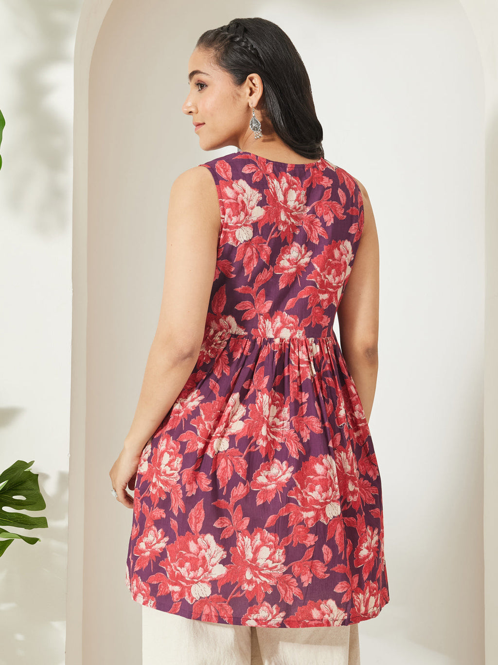 Janasya Wine Gathered Cotton Tunic | Grocsy