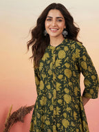 Janasya Dark Green A-Line Cotton Tunic | Grocsy