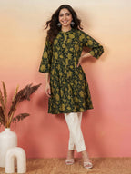 Janasya Dark Green A-Line Cotton Tunic | Grocsy