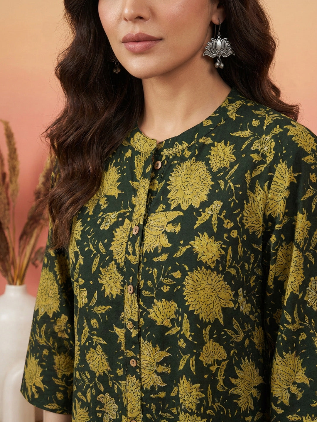 Janasya Dark Green A-Line Cotton Tunic | Grocsy