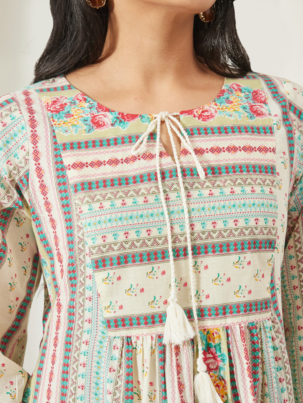 Janasya Cream A-Line Cotton Tunic | Grocsy