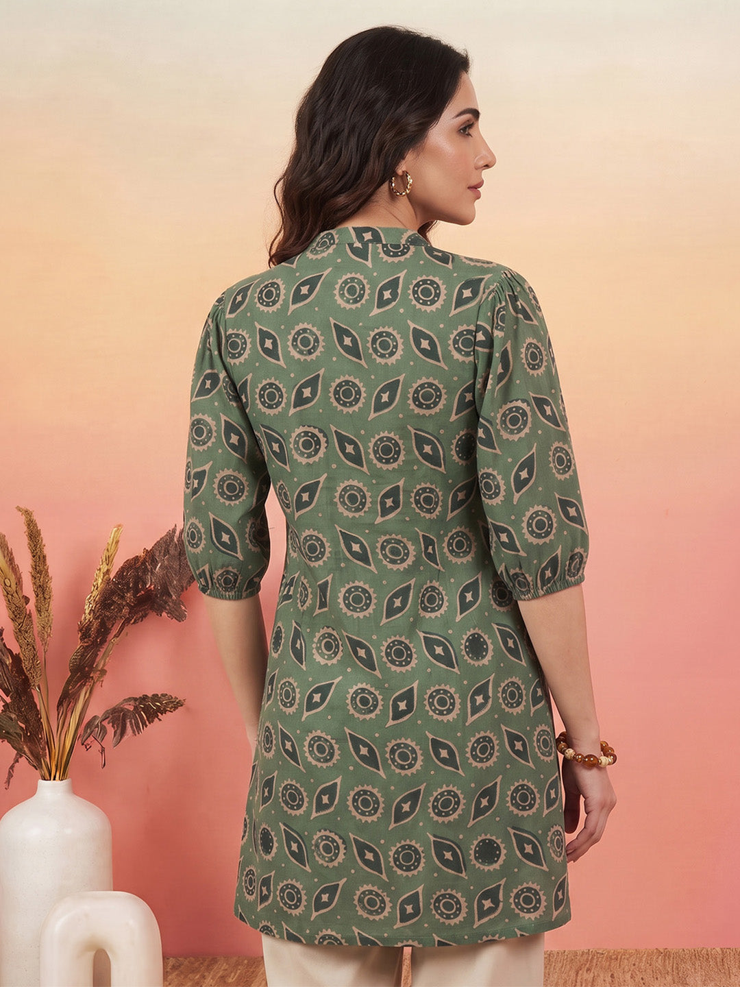 Janasya Green A-Line Cotton Tunic | Grocsy