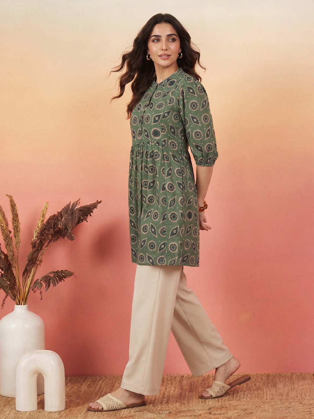 Janasya Green A-Line Cotton Tunic | Grocsy