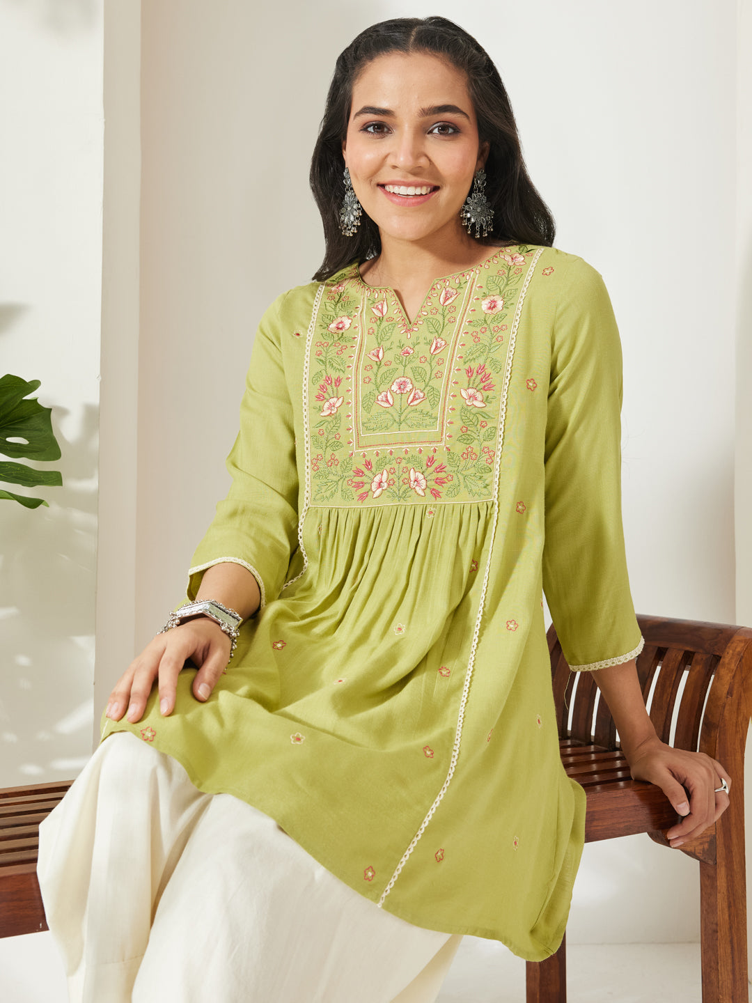 Janasya Lime Green A-Line Rayon Tunic | Grocsy
