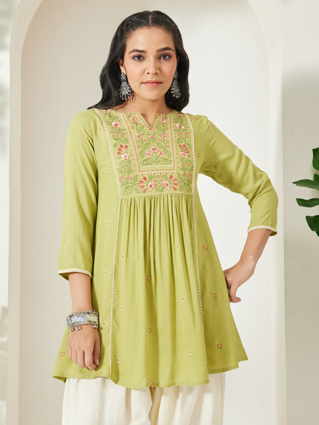 Janasya Lime Green A-Line Rayon Tunic | Grocsy