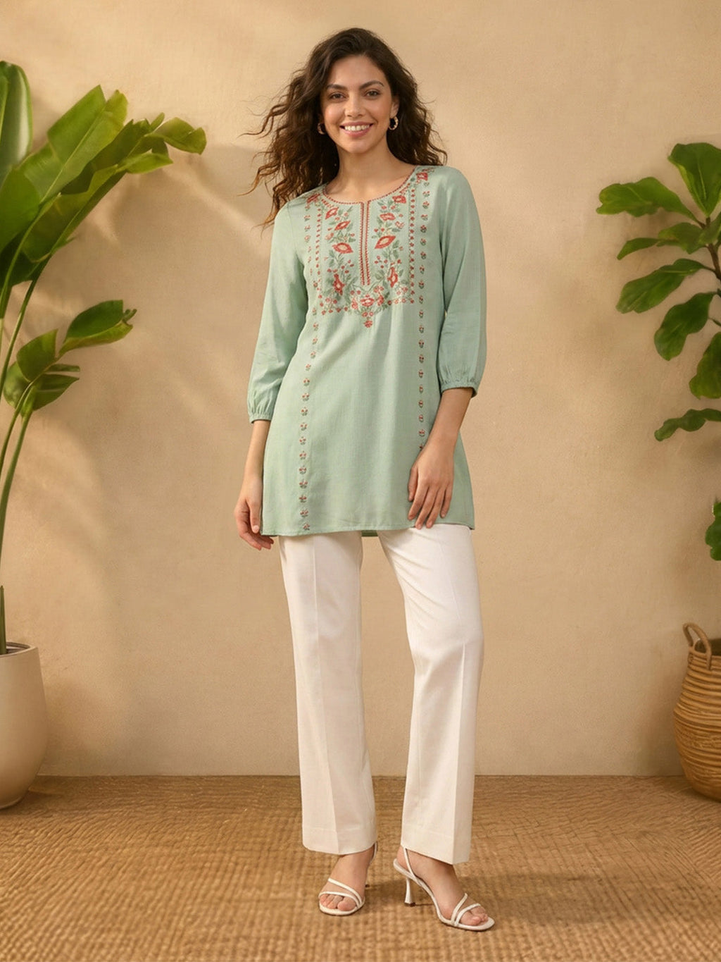 Janasya Mint Straight Rayon Tunic | Grocsy