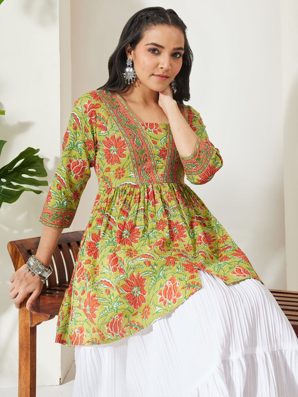 Janasya Lime Green A-Line Cotton Tunic | Grocsy