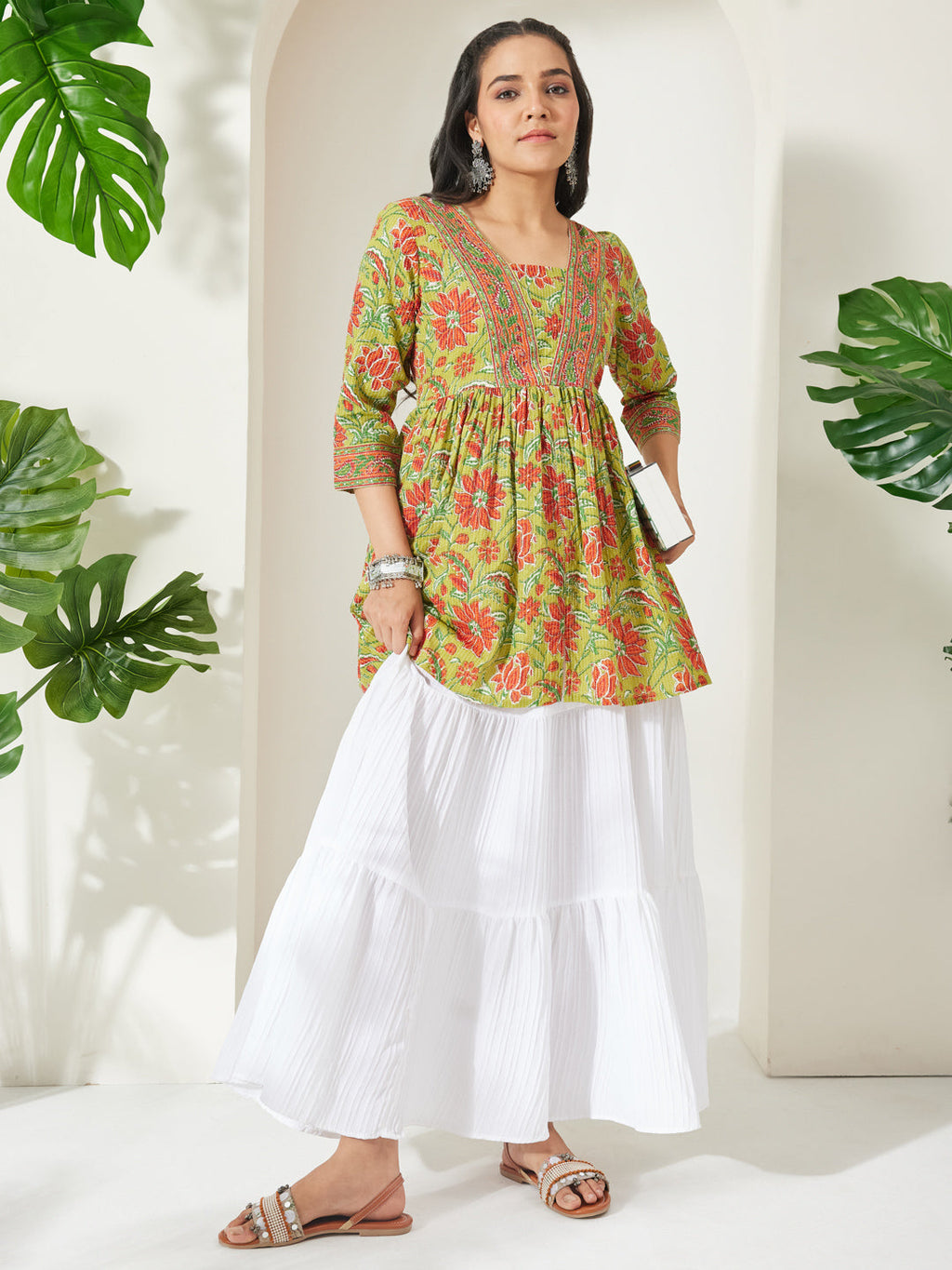 Janasya Lime Green A-Line Cotton Tunic | Grocsy