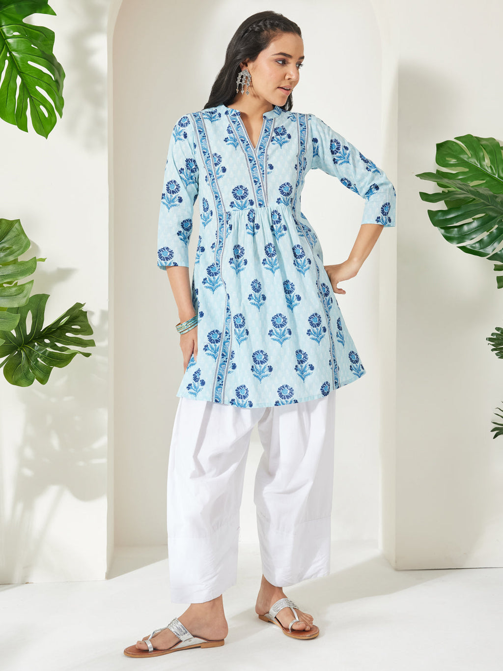 Janasya Light Blue A-Line Cotton Tunic | Grocsy