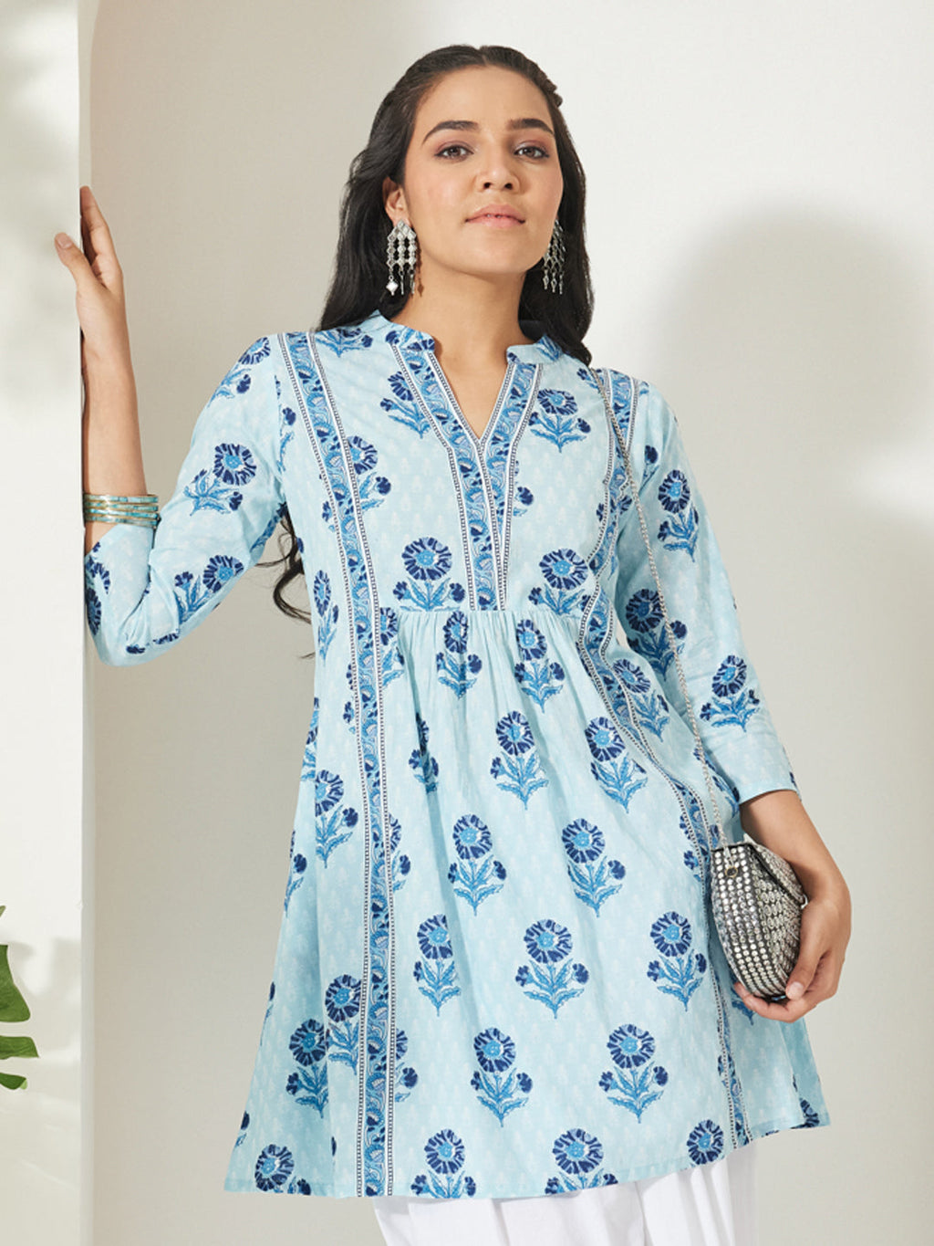 Janasya Light Blue A-Line Cotton Tunic | Grocsy