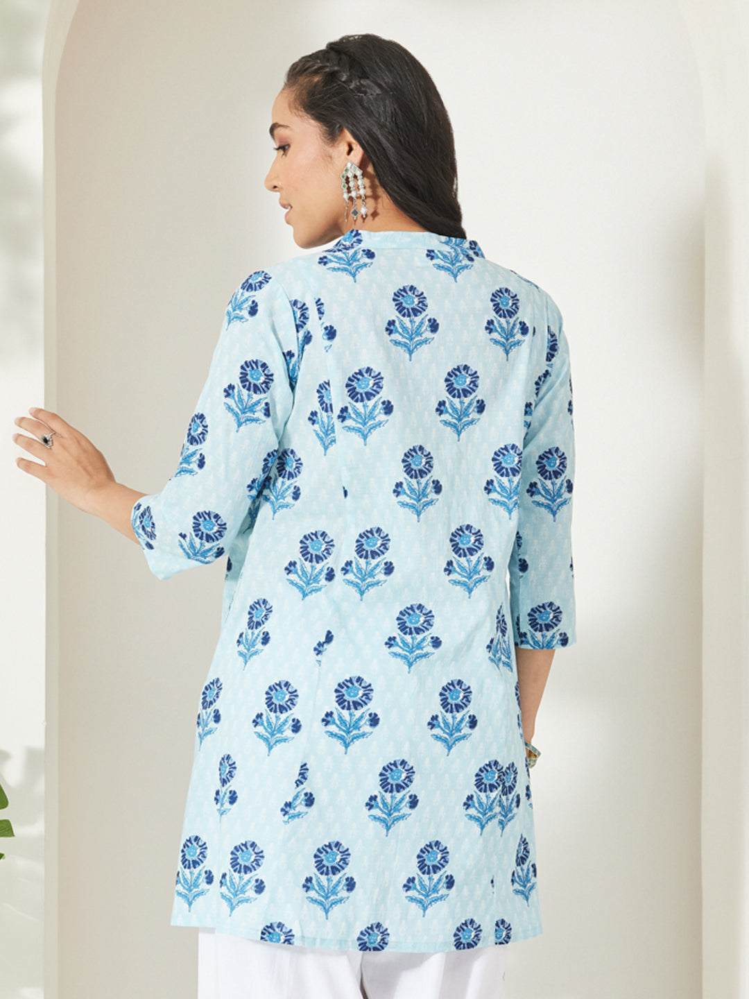 Janasya Light Blue A-Line Cotton Tunic | Grocsy