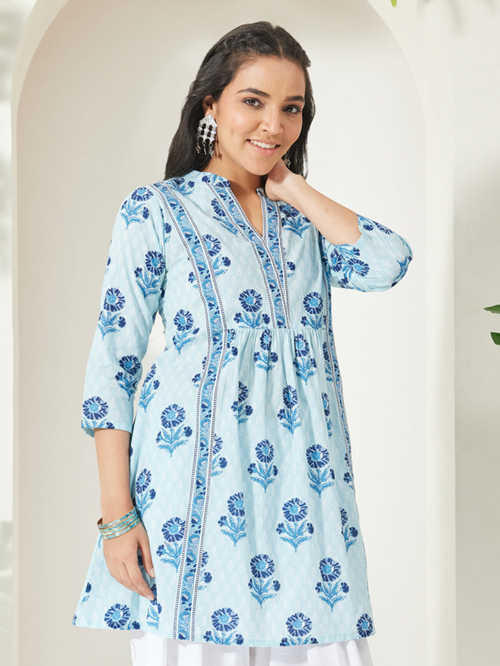 Janasya Light Blue A-Line Cotton Tunic | Grocsy