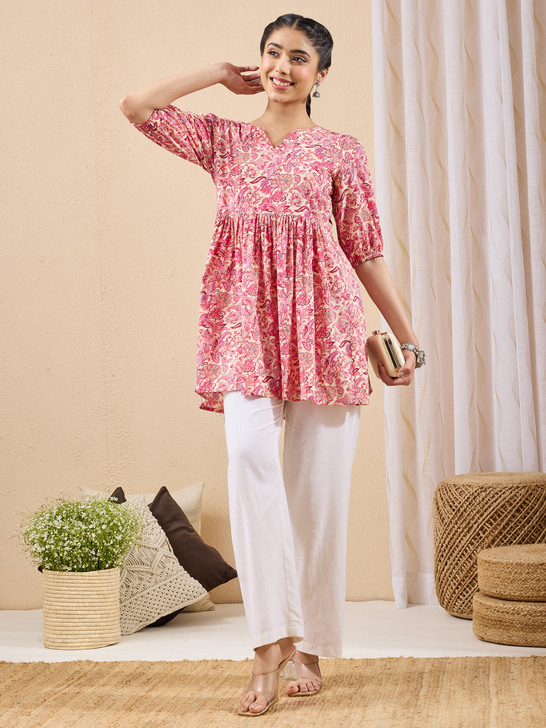 Janasya Pink A-Line Cotton Tunic | Grocsy