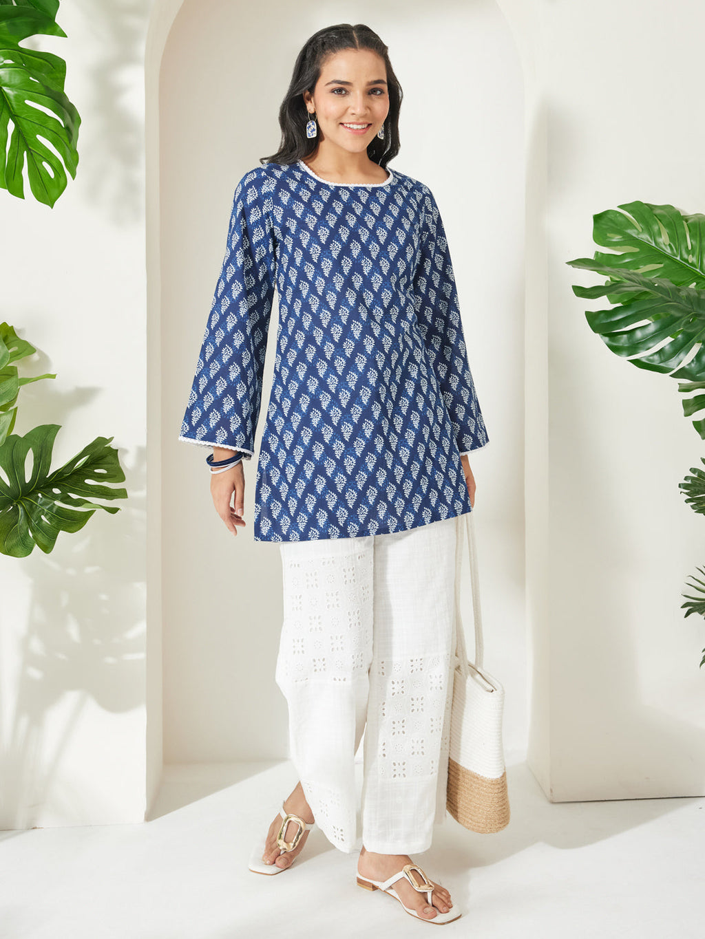 Janasya Indigo Straight Cotton Tunic | Grocsy