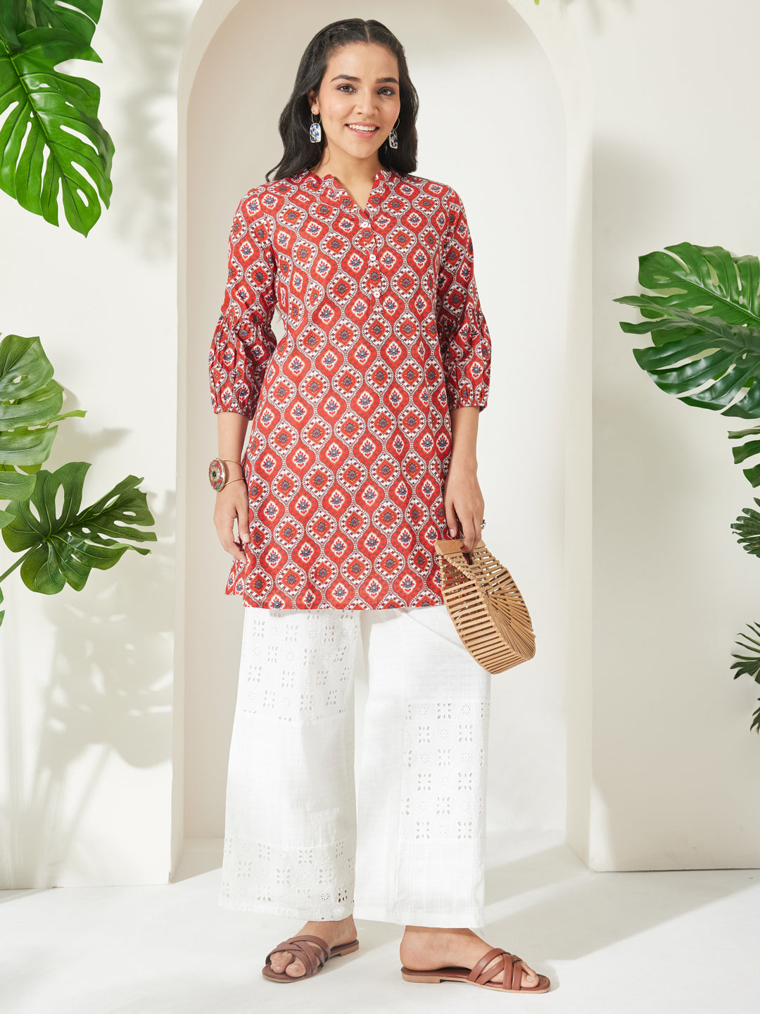 Janasya Red A-Line Cotton Tunic | Grocsy