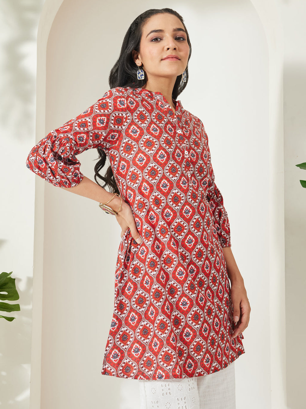 Janasya Red A-Line Cotton Tunic | Grocsy