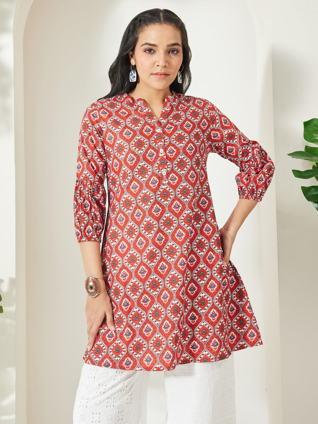 Janasya Red A-Line Cotton Tunic | Grocsy