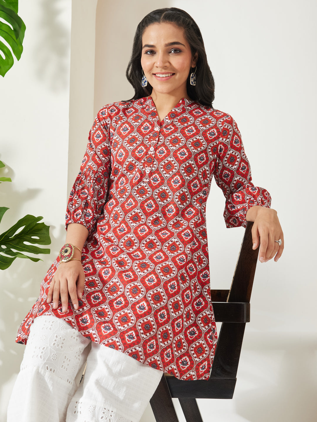 Janasya Red A-Line Cotton Tunic | Grocsy