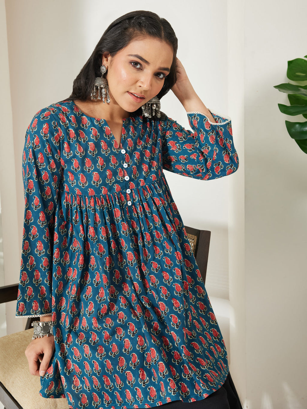 Janasya Teal A-Line Cotton Tunic | Grocsy