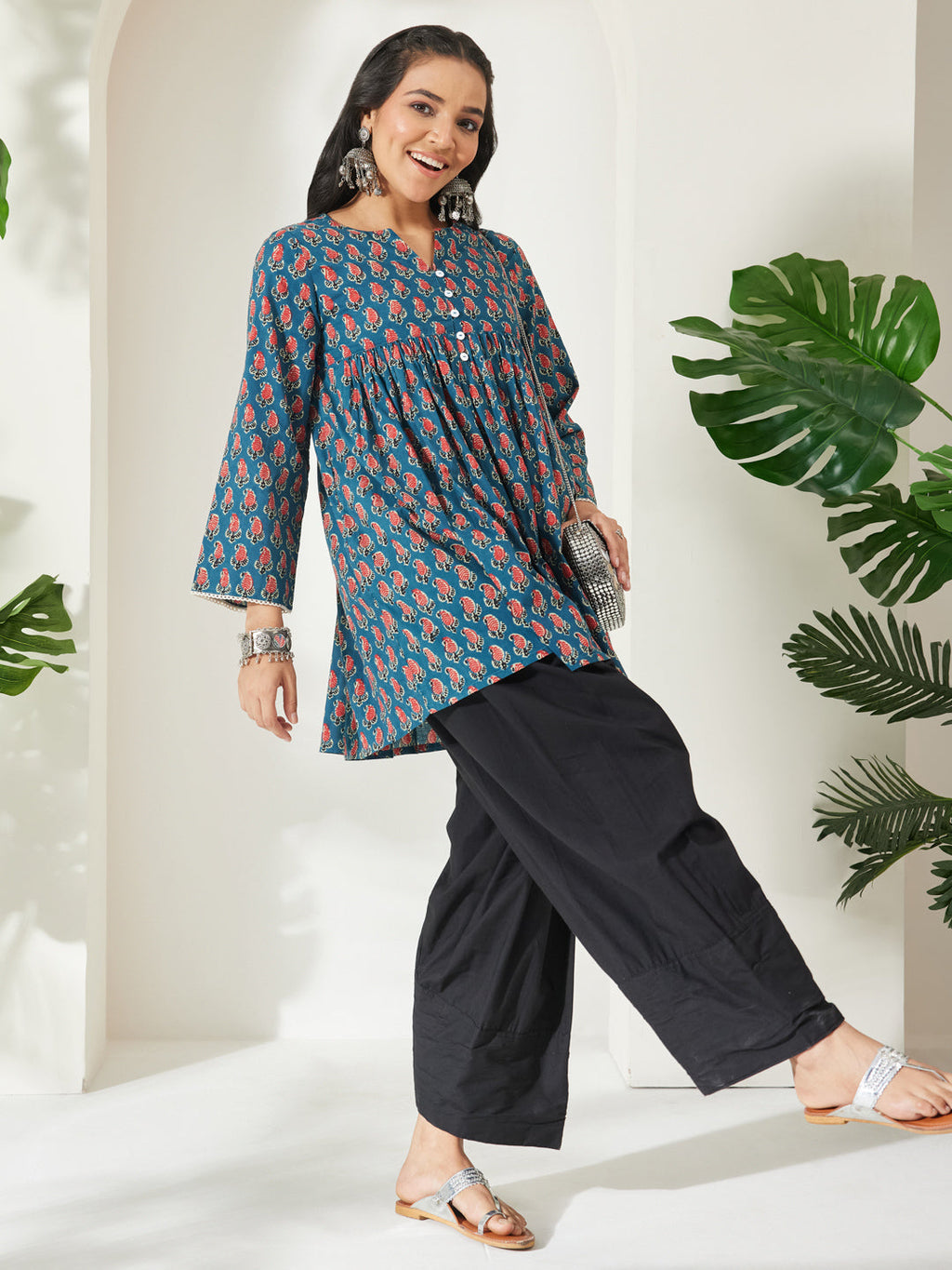 Janasya Teal A-Line Cotton Tunic | Grocsy
