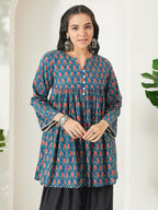 Janasya Teal A-Line Cotton Tunic | Grocsy