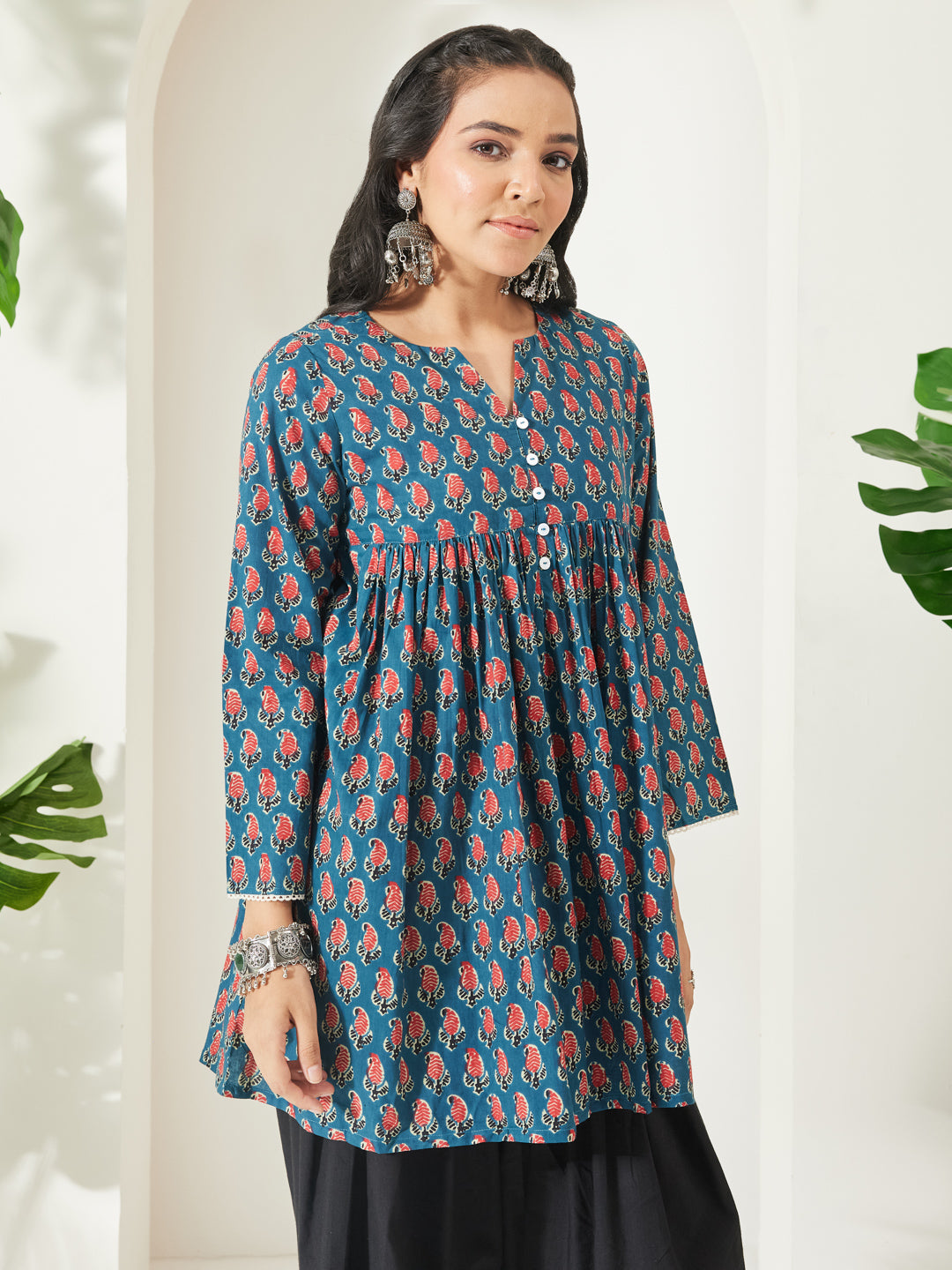 Janasya Teal A-Line Cotton Tunic | Grocsy