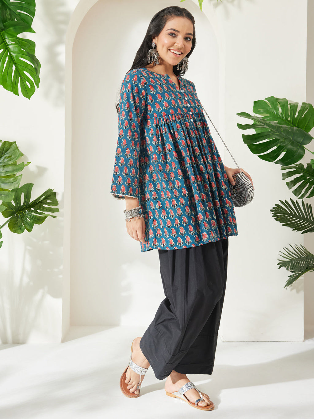 Janasya Teal A-Line Cotton Tunic | Grocsy