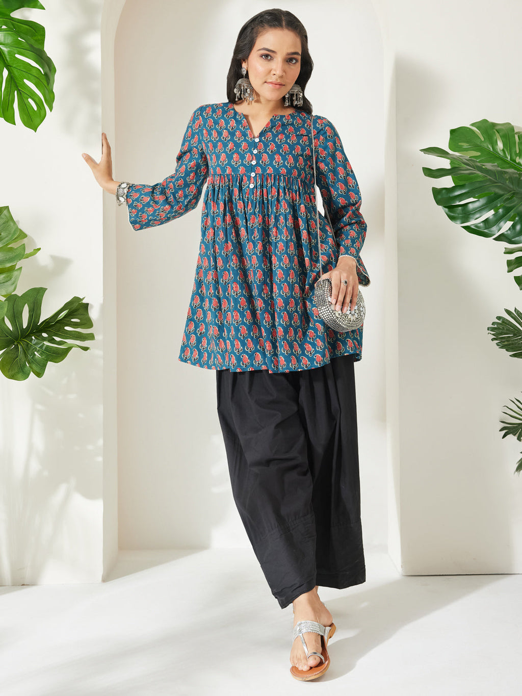 Janasya Teal A-Line Cotton Tunic | Grocsy