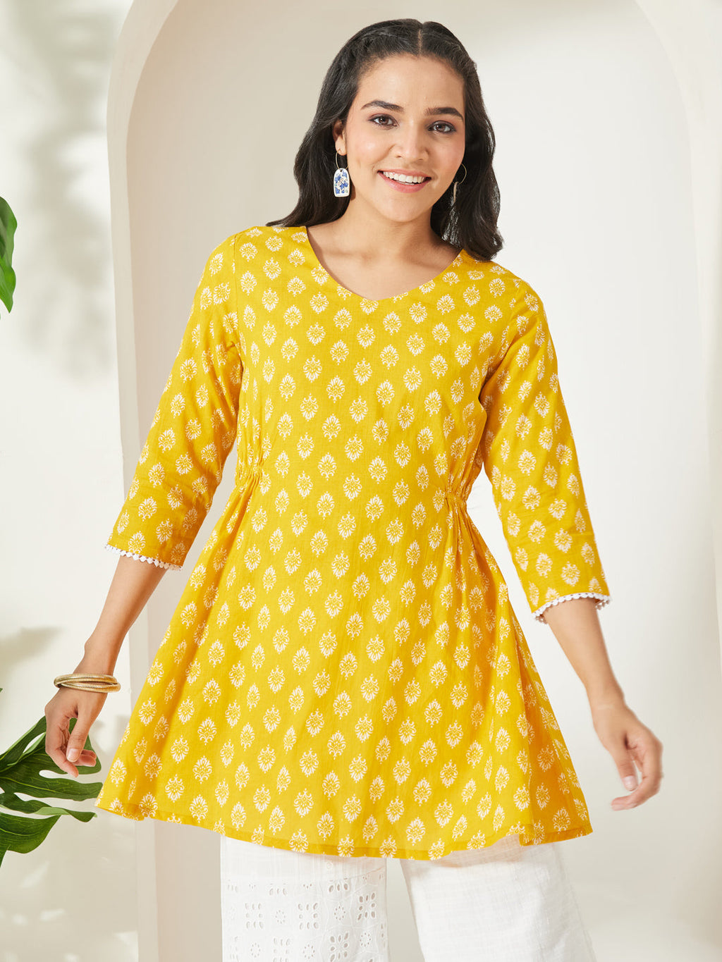 Janasya Yellow A-Line Cotton Tunic | Grocsy