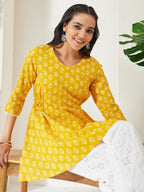 Janasya Yellow A-Line Cotton Tunic | Grocsy