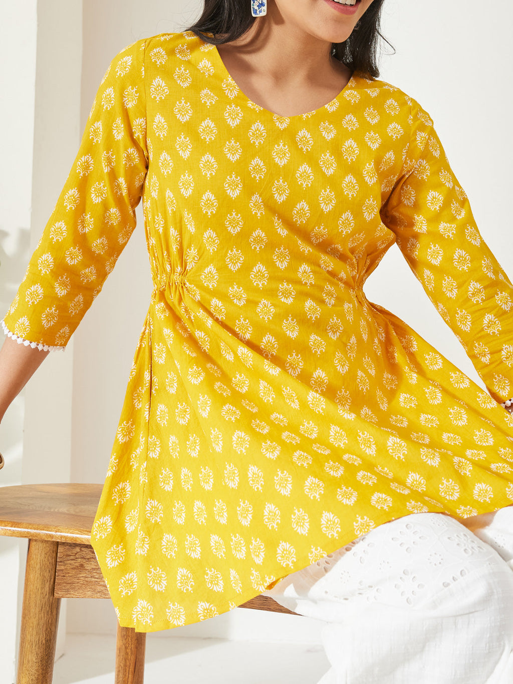 Janasya Yellow A-Line Cotton Tunic | Grocsy