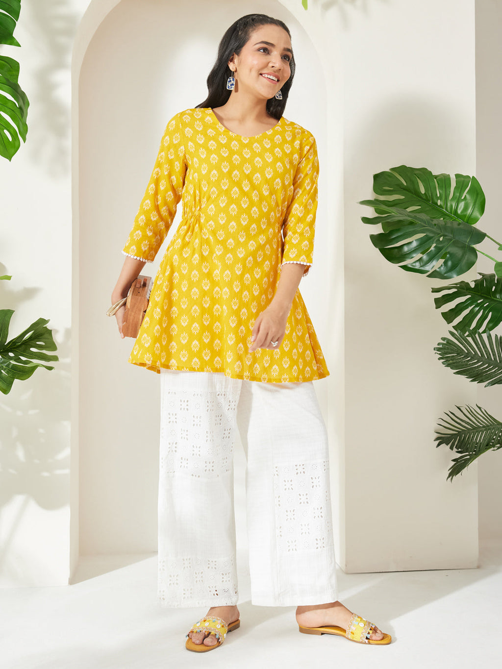 Janasya Yellow A-Line Cotton Tunic | Grocsy