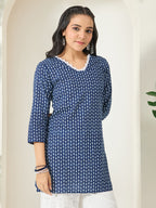 Janasya Indigo Straight Cotton Tunic | Grocsy