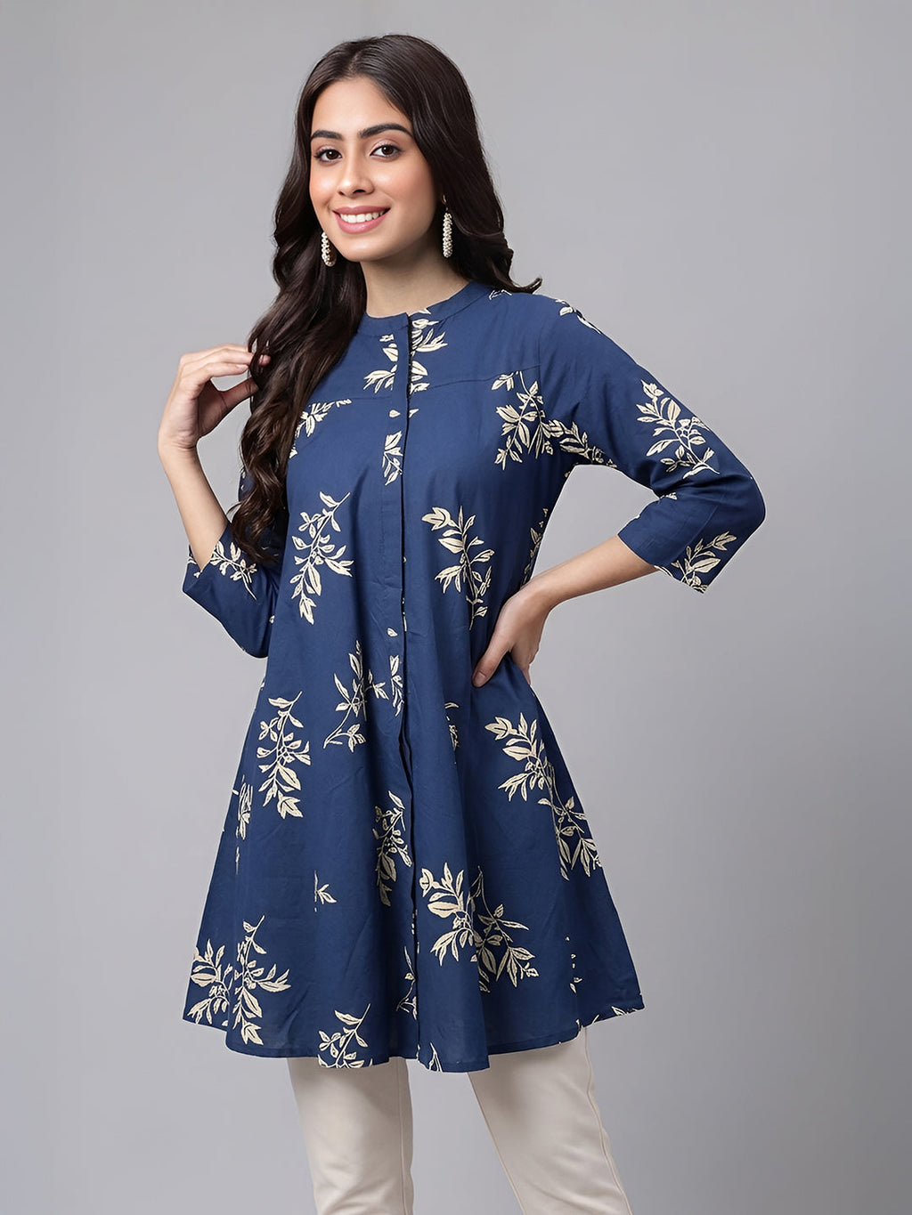 Janasya Navy Blue A-Line Cotton Tunic | Grocsy