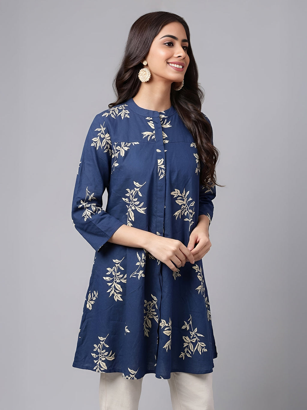 Janasya Navy Blue A-Line Cotton Tunic | Grocsy