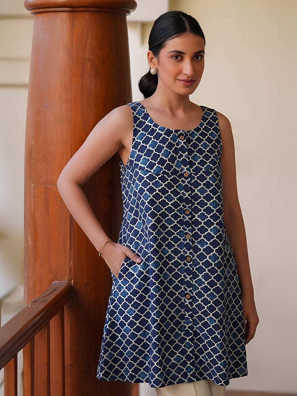 Janasya Blue A-Line Cotton Tunic | Grocsy