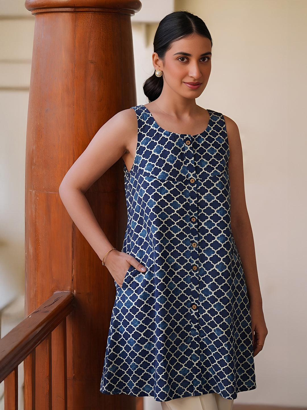 Janasya Blue A-Line Cotton Tunic | Grocsy