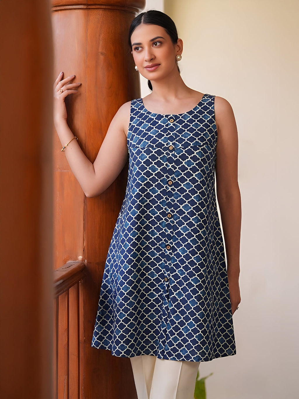 Janasya Blue A-Line Cotton Tunic | Grocsy