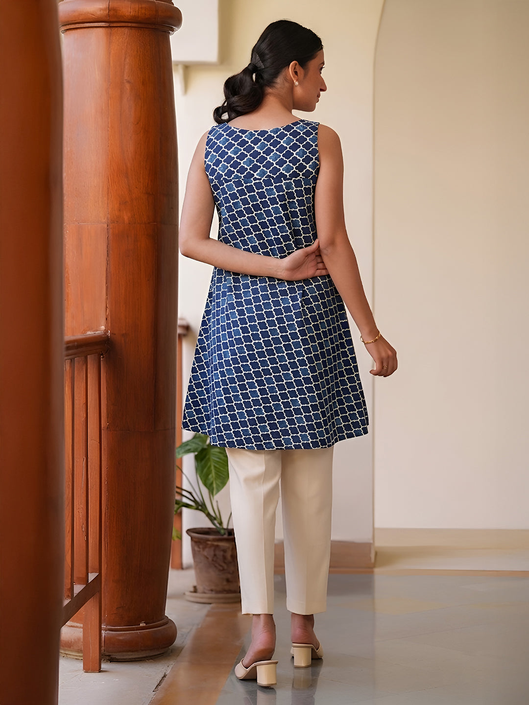 Janasya Blue A-Line Cotton Tunic | Grocsy