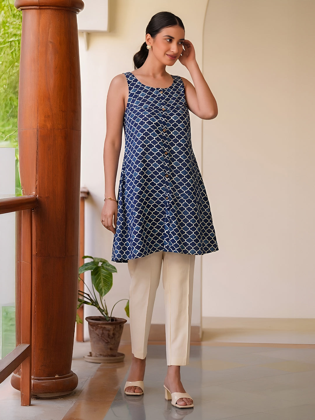 Janasya Blue A-Line Cotton Tunic | Grocsy