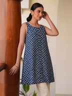 Janasya Blue A-Line Cotton Tunic | Grocsy
