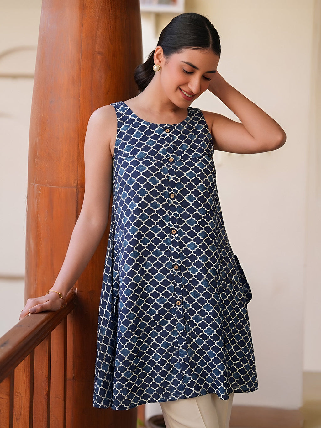 Janasya Blue A-Line Cotton Tunic | Grocsy