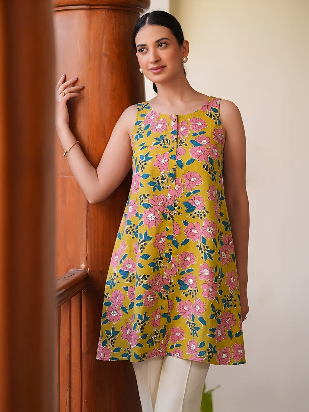 Janasya Yellow A-Line Cotton Tunic | Grocsy