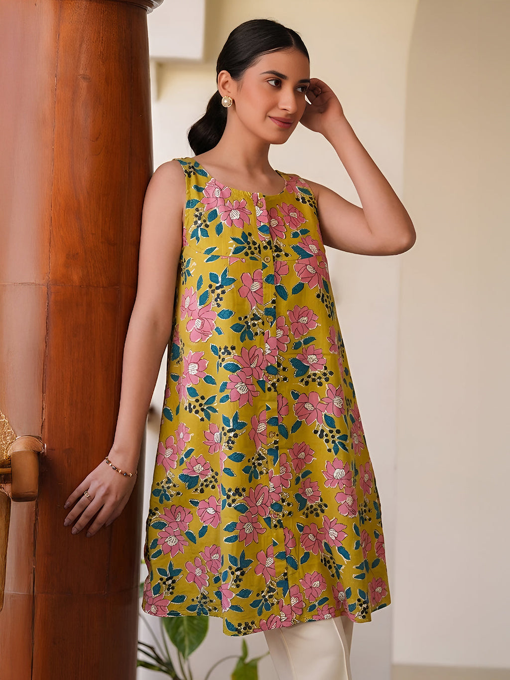 Janasya Yellow A-Line Cotton Tunic | Grocsy