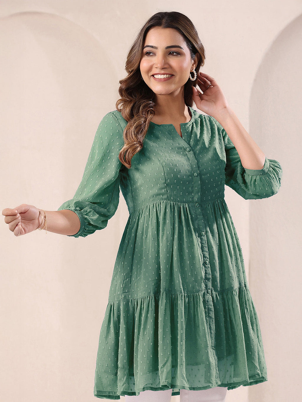 Janasya Sage Gathered Dobby Chiffon Tunic | Grocsy